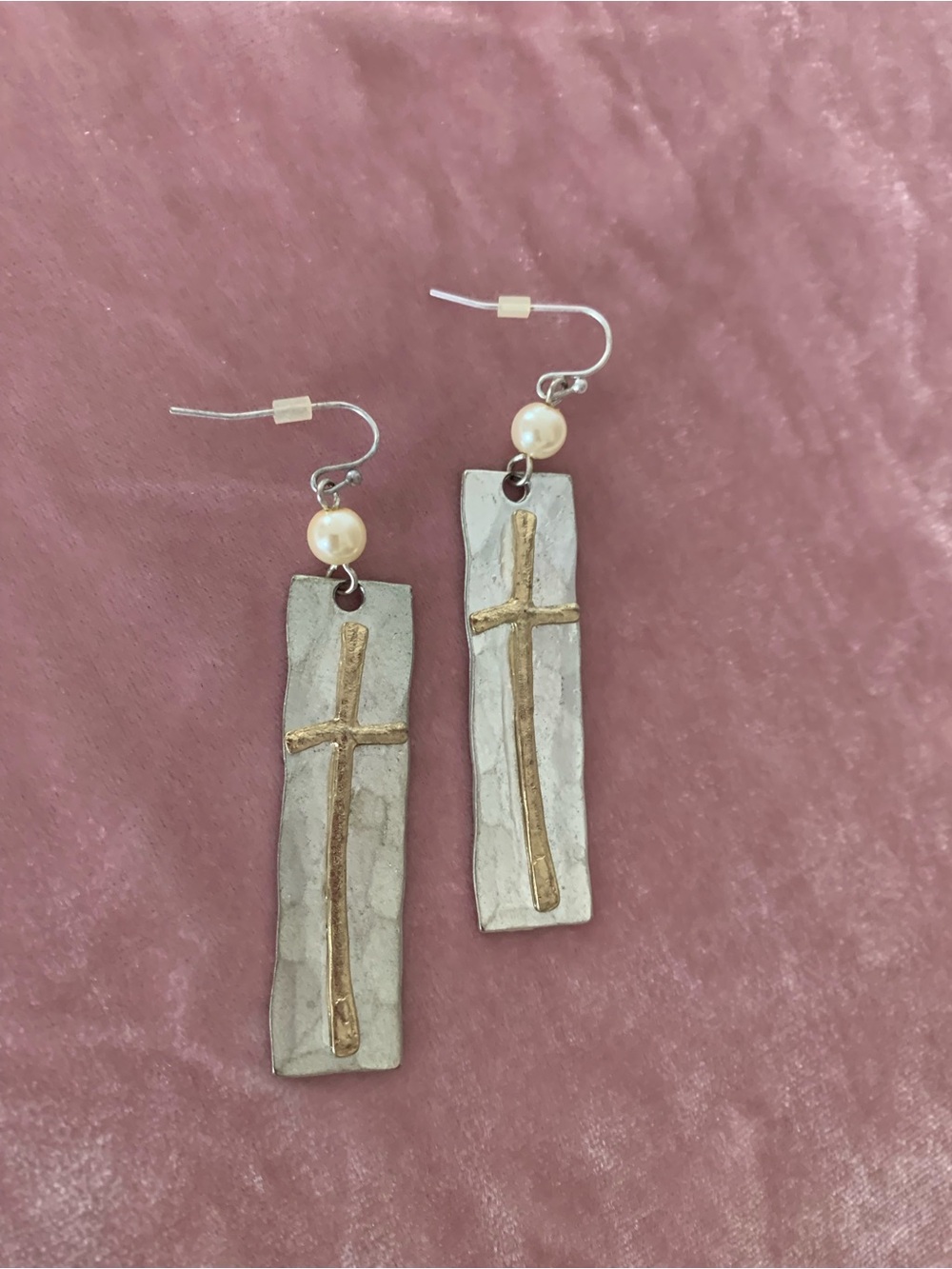 Handcrafted Silver and Gold Cross Dangle Earrings with Pearl Accent